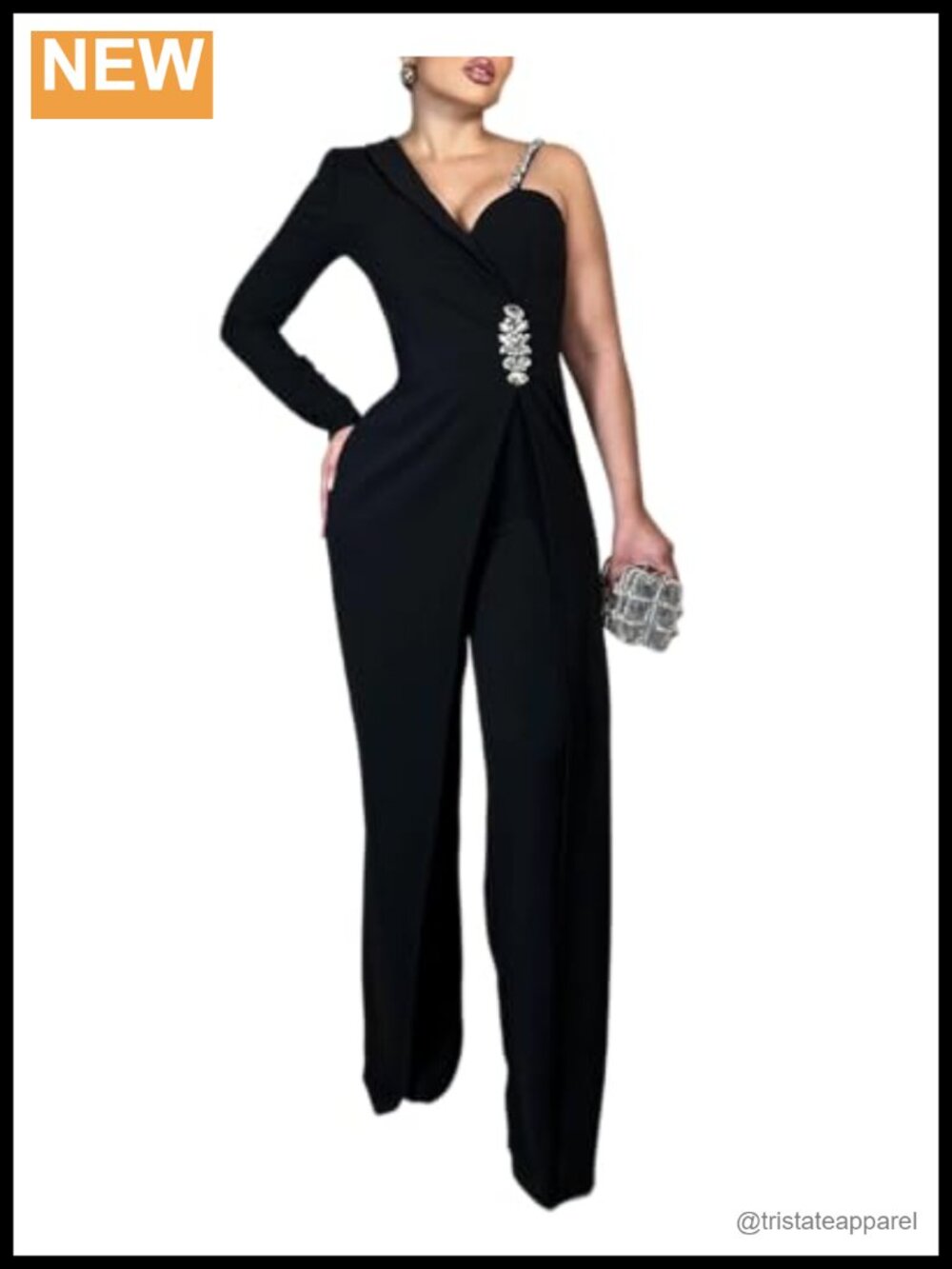 Rhinestone One Shoulder Wide Leg Jumpsuit Asymmetric Party
